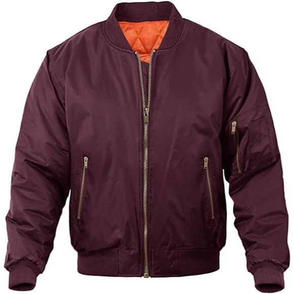 Men's Bomber Jacket Casual Wine Red Winter Coats Zipper Pocket Design Outwear